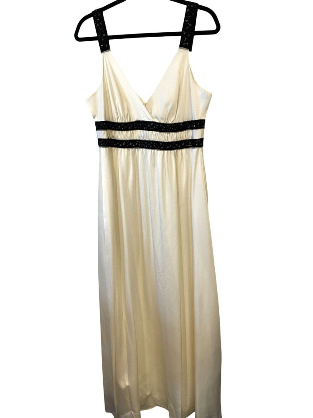 BCBG Maxazria Womens 12 Cream Black Sequin Empire Waist Maxi Evening Dress